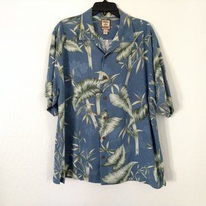 TOMMY BAHAMA Shirt Men's L Blue Leaf Print Silk Hawaiian Button Short Sleeve‎